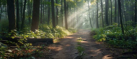 Obraz premium Sunlit Forest Path Through Tranquil Woods