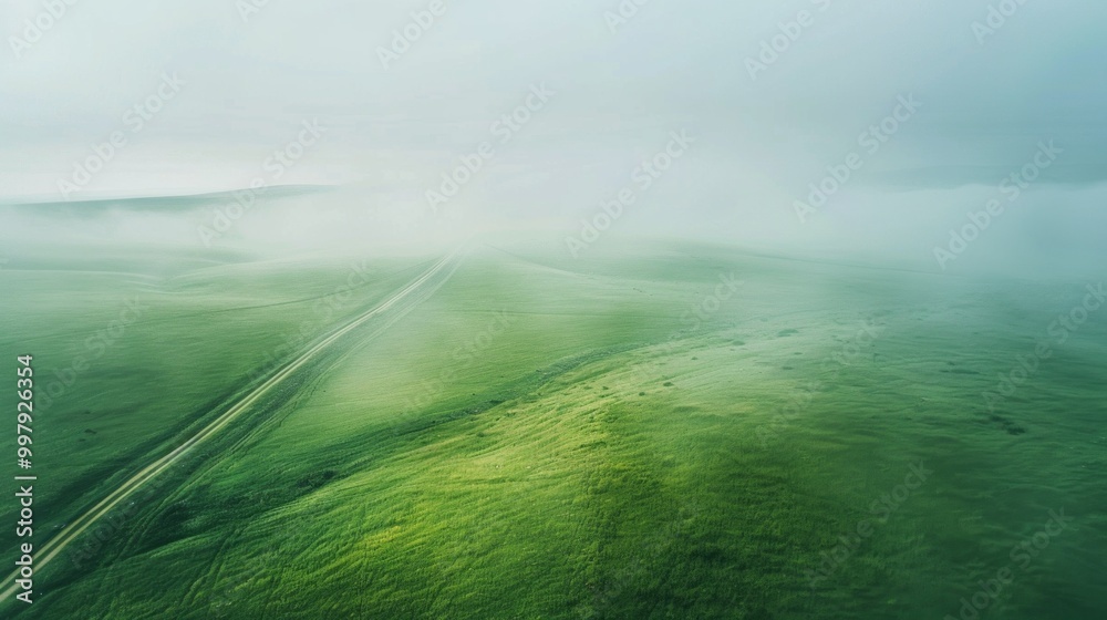 Poster a foggy, misty day in a field with a road running through it