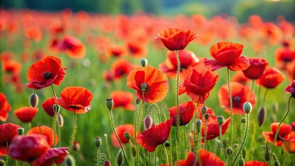 Field of red poppies against green grass background