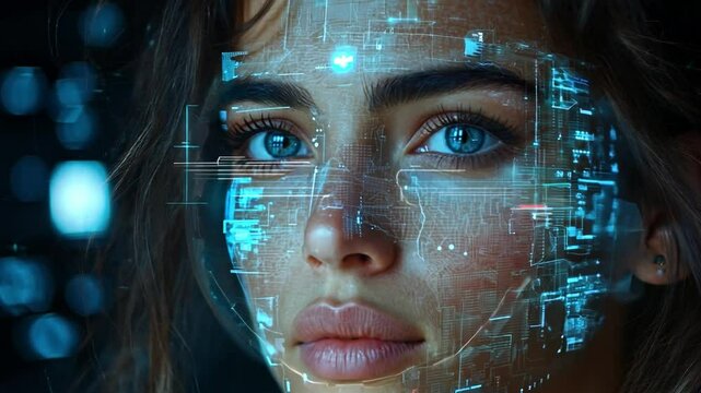 In a futuristic environment, a young woman with digital designs projected on her face looks intently at the viewer, blending technology and human emotion.
