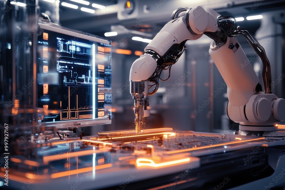 Aufkleber A robotic arm meticulously assembles intricate machinery in a sleek lab filled with glowing panels and holographic interfaces. Generative AI