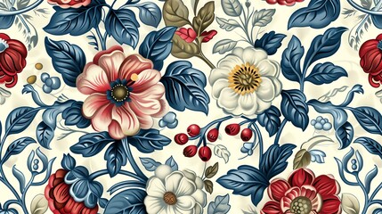 A seamless pattern of red, white, and blue flowers and leaves on a light blue background