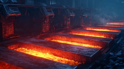A fiery industrial scene showcasing molten metal in casting trays, surrounded by a misty atmosphere for a dramatic effect.