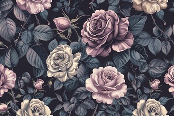 A seamless pattern of dark pink and cream colored roses with green leaves on a dark background