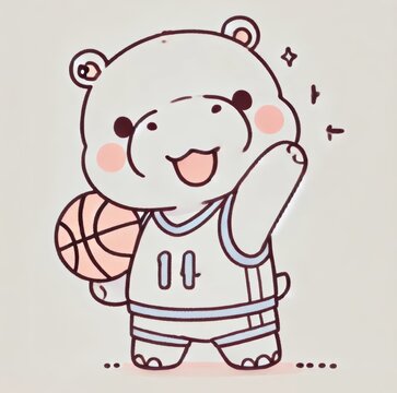 recommend clip art: moodeng baby pygmy hippo holding basketball and waving in minimalist line art