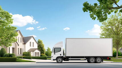 Tranquil Neighborhood Scene with Empty Shipping Truck and Modern House Architecture