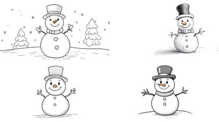Adorable snowman with a top hat and a carrot nose, standing on a white background, ideal for a Christmas-themed coloring page.