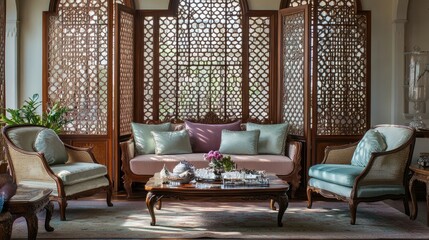 A sumptuously adorned living room with intricate lattice screens