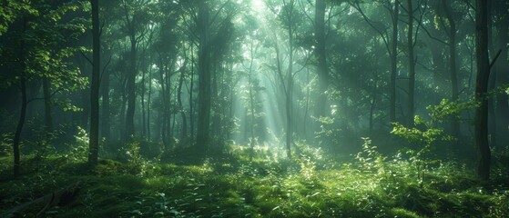 Fototapeta premium Sunlight Filtering Through Dense Forest Canopy