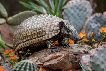 A small brown and white tortoise is standing on a rock next to some flowers