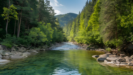 Fototapeta premium A crystal-clear river flowing through a dense, green forest, representing a natural habitat essential to many species. (indicates World Animal Day).