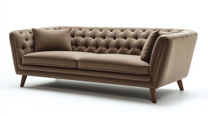 Stylish contemporary sofa featuring buttoned details and sleek wooden legs, displayed on its own.