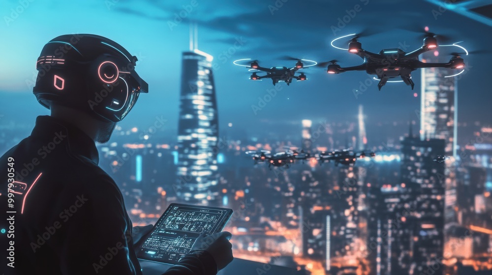 Aufkleber A skilled drone pilot manages a fleet of advanced drones from a modern control center illuminated by city lights at night. Generative AI