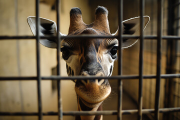 A giraffe locked in a cage.A lone giraffe in captivity behind a fence with a sad look. Animal...