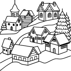 An outline of a small, cozy village with snow-covered rooftops and simple houses