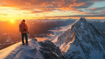 Obraz premium A courageous hiker admires a panoramic view from a mountain peak in Canada. The composite image incorporates a 3D rendering of a snowy mountain range with a sunset over British Columbia.