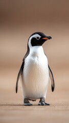 Fototapeta premium Professionally lit studio shot of a penguin, with soft lighting enhancing its sleek feathers and distinctive markings against a minimalistic backdrop.