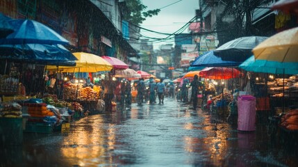 Obraz premium A vibrant street market scene on a rainy day, with colorful umbrellas, reflections on wet pavement, and a lively atmosphere.