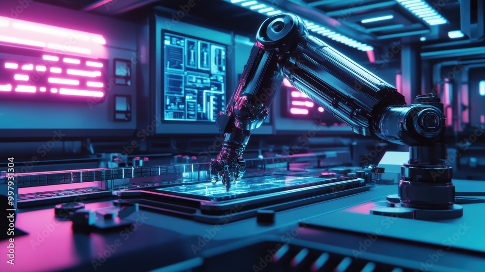Aufkleber In a sleek lab, a robotic arm skillfully assembles intricate machinery using advanced technology and illuminated displays. Generative AI
