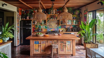 A vibrant Filipino kitchen with a central wooden island