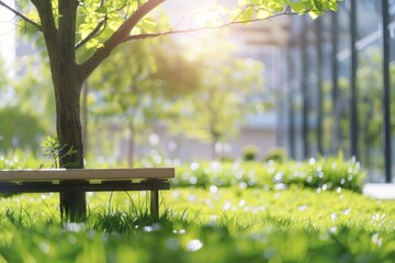 Naklejka premium Office Background Green. Blurred Bench in Green Garden at Modern Ecology Office Building