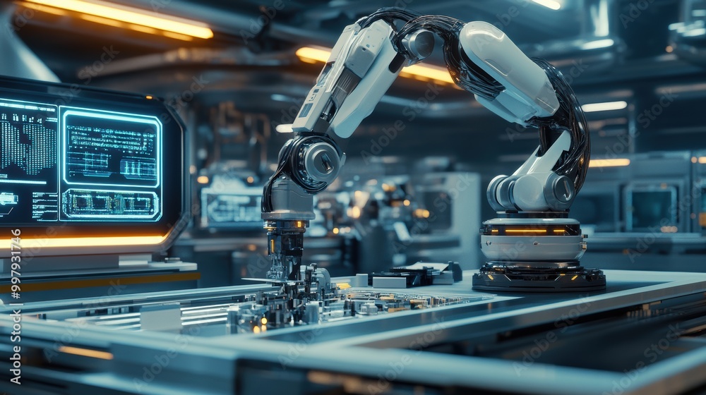 Leinwandbilder a robotic arm assembles intricate machinery in a modern lab filled with advanced holographic technol