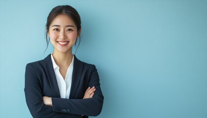Ambitious and assertive Asian businesswoman in a blue suit, displaying a focused and determined expression. She projects confidence and authority, ready to take on leadership roles.