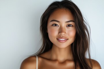 A senior Asian woman with shoulder-length hair poses in a bikini, exuding confidence and grace against a clean white background.