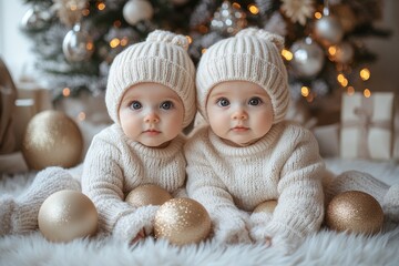 Two cute baby twins in white knitted hats on Christmas tree background