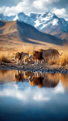A group of lions gathered around a watering hole, their reflections shimmering, symbolizing unity and power.