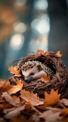 Fototapeta premium A hedgehog napping peacefully in a cozy burrow made of leaves and twigs.