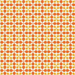 This bold seamless pattern features a retro-inspired geometric flower design, repeating in a lively orange and yellow color palette. The minimalist shapes and simple flower-like forms create a