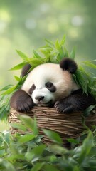 Naklejka premium A panda resting peacefully in its bamboo nest, surrounded by greenery.