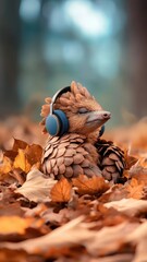 Obraz premium A pangolin enjoying music with tiny headphones while lounging on fallen leaves.