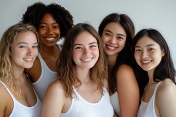 A group of young women from different ethnicities shares bright smiles, symbolizing the strength of friendship and the beauty of diversity.