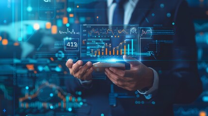 Fototapeta premium Businessman in suit holding digital screen with rising healthcare investment graph, symbolizing growth and financial success in medical sector.