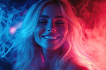 a blonde woman with vibrant neon lighting, featuring a mix of pink and blue hues. The smoke effects around her create a dreamy and fantasy-like atmosphere.