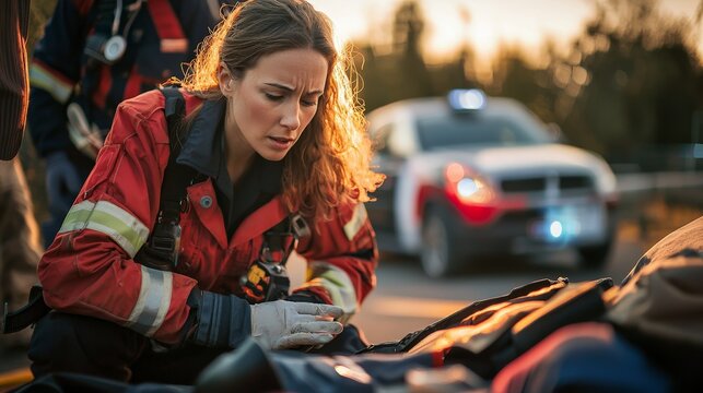 Emergency medical technician (EMT) providing first aid at the scene of an accident, showcasing quick thinking and lifesaving skills.