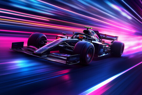 Fast moving F1 racing car on the road with purple light trails.