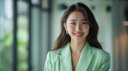 Fototapeta premium A Young Asian businesswoman in a pastel green suit poses confidently against a soft grey-green backdrop, embodying leadership and fashionable office attire, ideal for corporate use.