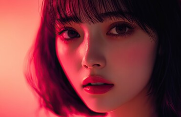 Fototapeta premium A conceptual image of an Asian woman with black shoulder-length hair and bangs, illuminated by red-pink neon light, her expression smooth and unreadable, hinting at deep thoughts.