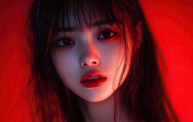 Fototapeta premium A close-up portrait of a young Asian woman in neon lights combines modern elegance with bold aesthetics, perfect for use in creative branding, fashion, or cinematic campaigns.