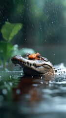 Crocodile navigating through a rain-soaked swamp, with raindrops splashing off its armored skin and blending into the lush surroundings.