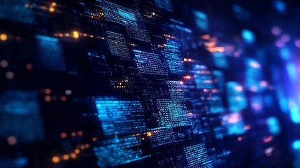 Fototapeta premium Abstract digital background with glowing blue, purple, and orange elements.