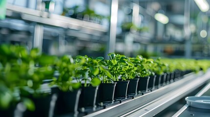 Green plants growing in a modern greenhouse setup, showcasing healthy foliage and sustainable agriculture practices.