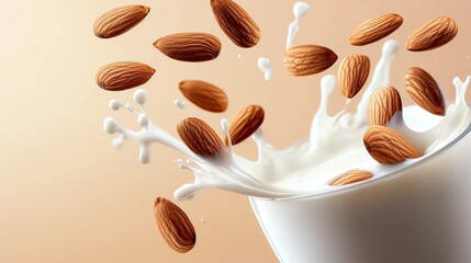 Obraz premium Almonds splashing into a cup of milk on a soft gradient background.