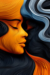 A woman's face is painted in black and orange, with the orange representing the sun and the black representing the night. The painting is abstract and has a dreamy, ethereal quality to it