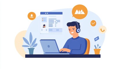A man works remotely on his laptop and receives a call from a client. The concept of earning money while working from home is illustrated in a flat vector style.