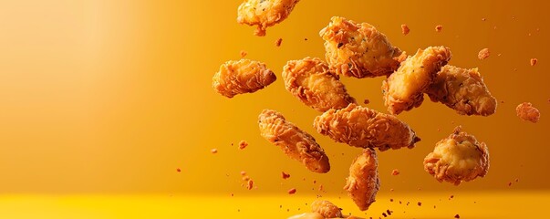 Crispy fried chicken pieces floating against a vibrant yellow background.