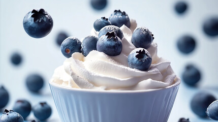 Delicious whipped cream topped with fresh blueberries, isolated on a white background.